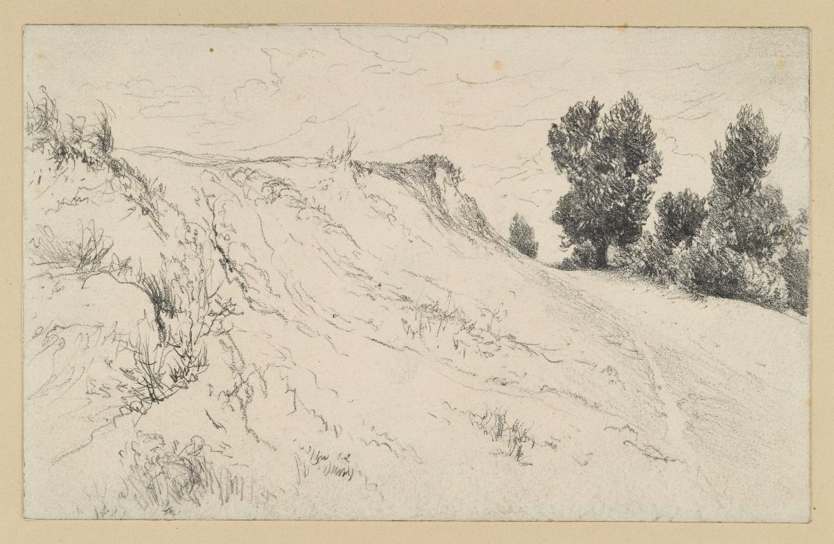 Weg am Abhang, rechts im Hintergrund Bäume