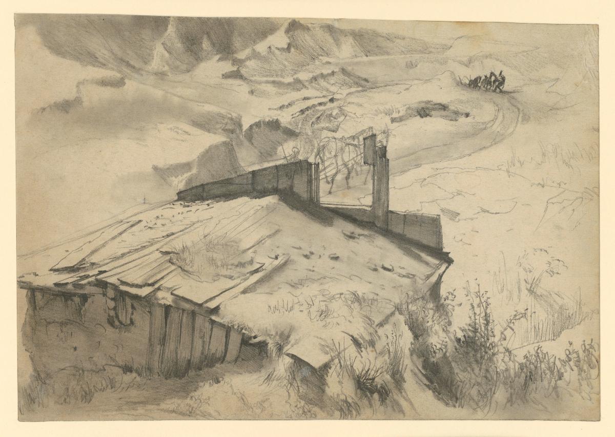 Holzhütte am Gebirgsweg mit Pferdefuhrwerken
