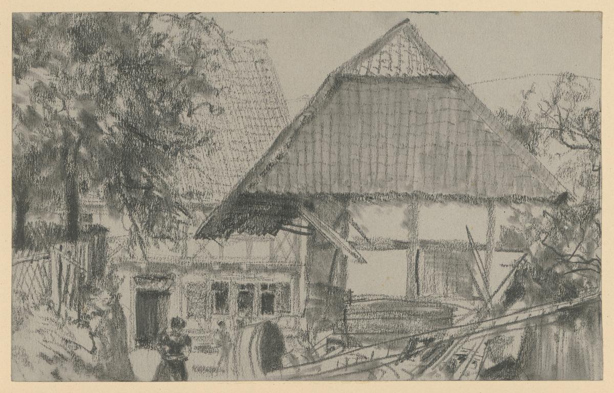 Hof eines Bauernhauses mit Scheune und figürlicher Staffage