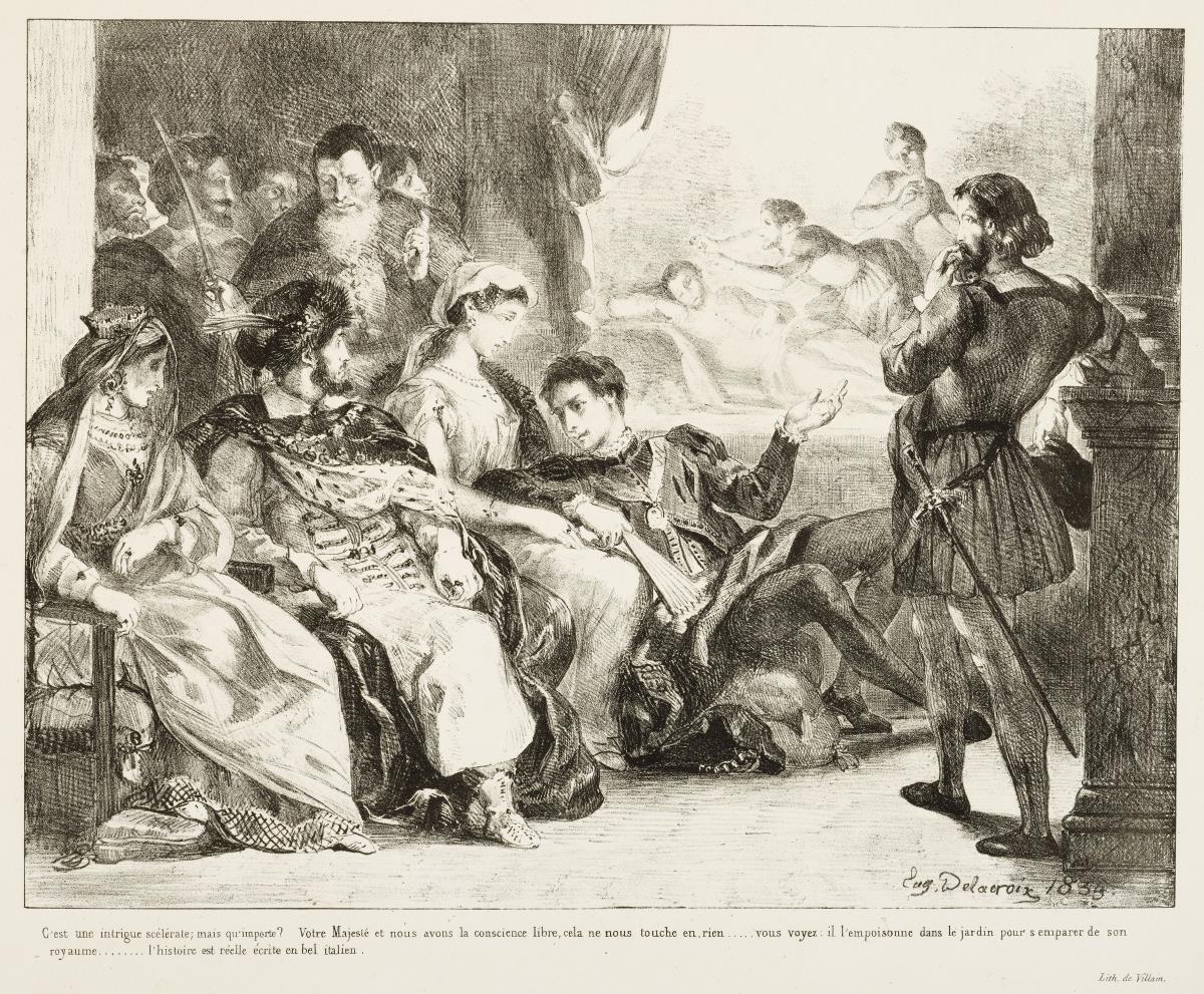 Hamlet lässt Schauspieler die Ermordung seines Vaters nachspielen. Illustration zu Shakespeare: Hamlet