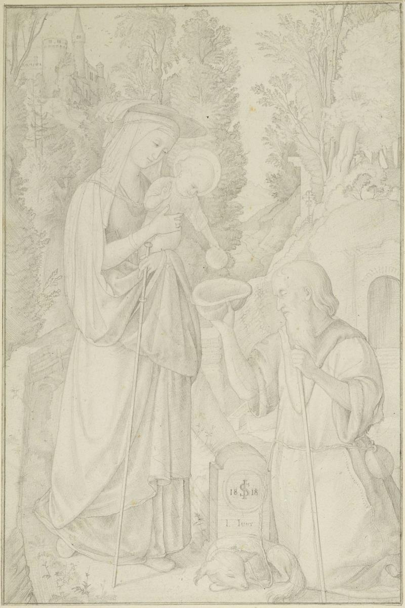 Maria mit dem Jesuskind erscheint einem blinden Greis mit Hund