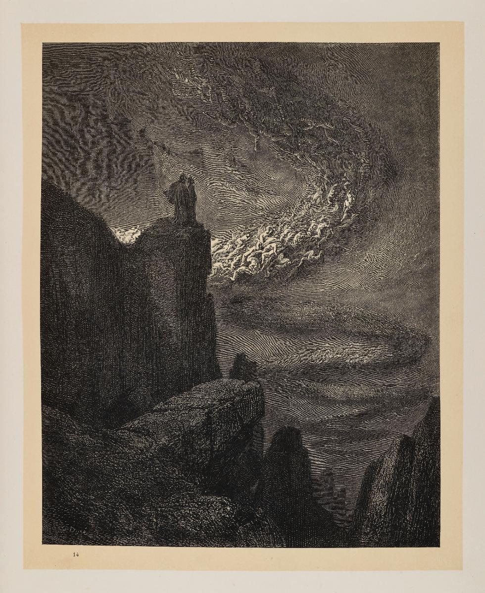 Göttliche Komödie. Inferno 5, 31-33 ("Der Höllensturmwind, der die Luft erfüllte, / Riß mit sich fort die Geister, die zu Paaren / Er trieb und wirbelnd sie in Schrecken hüllte")