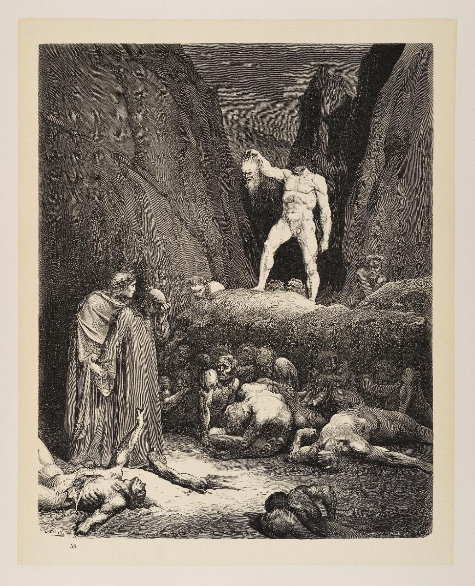 Göttliche Komödie. Inferno 28, 121-123 ("Das abgeschlagne Haupt hielt bei Haaren / Die Hand, daß der Laterne man gedachte; / Es sah uns an und ließ ein "Sehe!" fahren.")