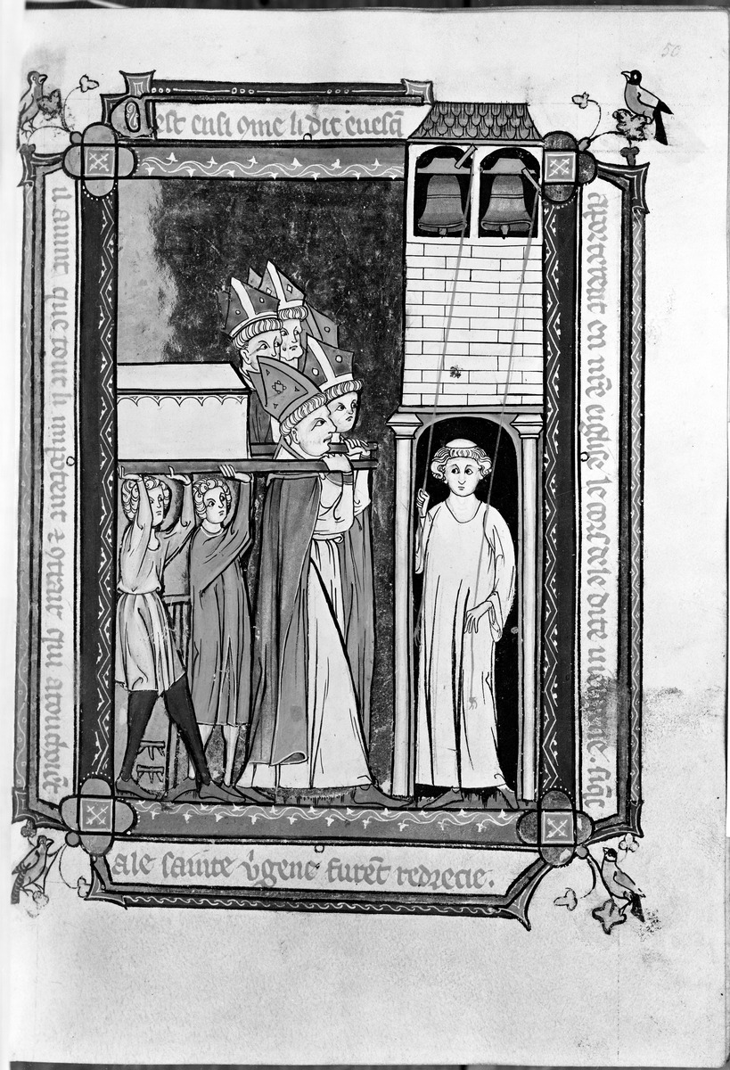 Vie de Sainte Benoîte d'Origny. Der Sarg der Hl. Benedikta wird unter Glockengeläute von Bischöfen in die Kirche gebracht