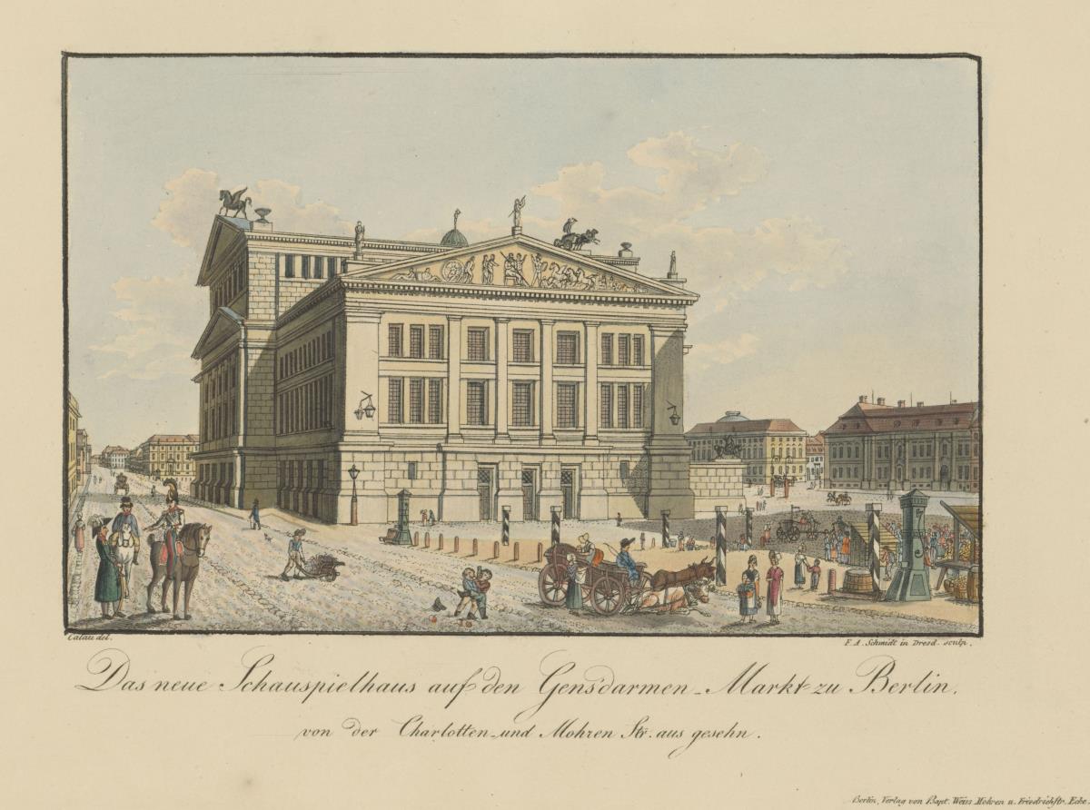 Das neue Schauspielhaus auf den Gendarmenmarkt von der Charlotten und Mohrenstraße aus