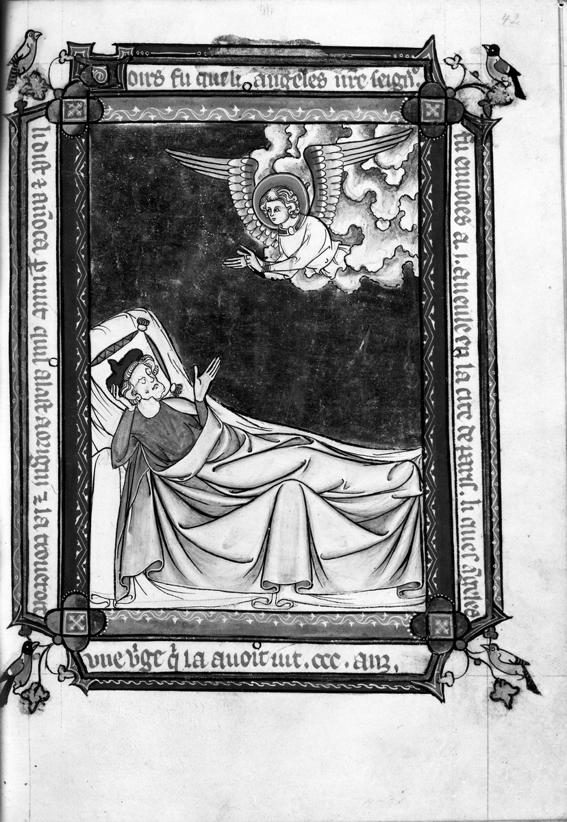 Vie de Sainte Benoîte d'Origny. Einem Blinden in Paris erscheint ein Engel, der ihm befiehlt, das Grab der Hl. Benedikta zu besuchen