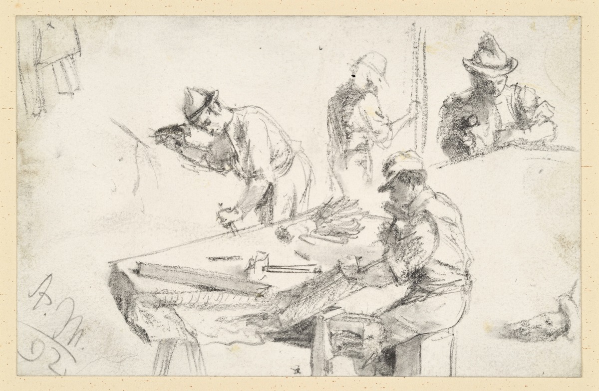 Vier Steinmetzen bei der Arbeit und Details