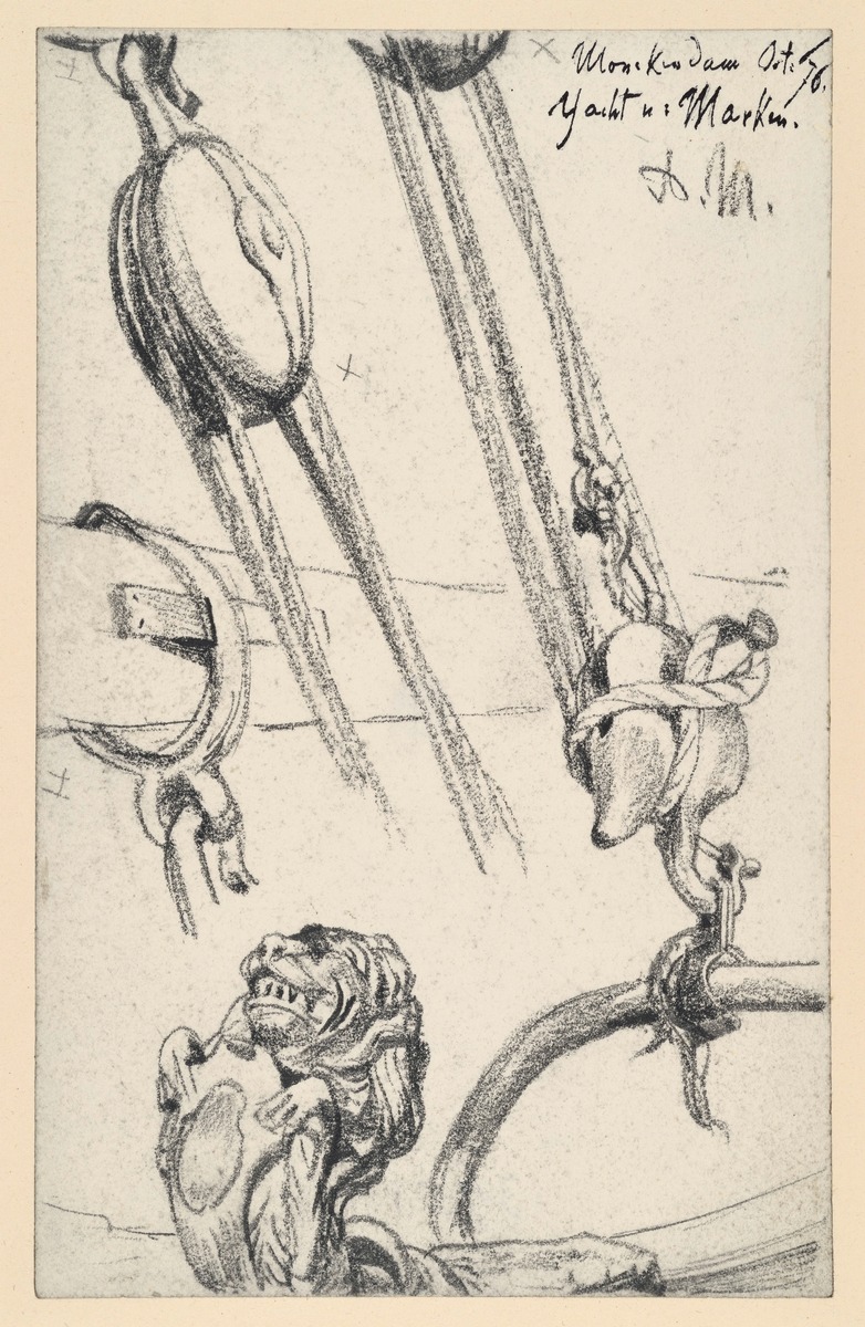 Talje am Segelbaum und deren Halterung am Schiff, Galionsfigur Löwe mit Wappenschild