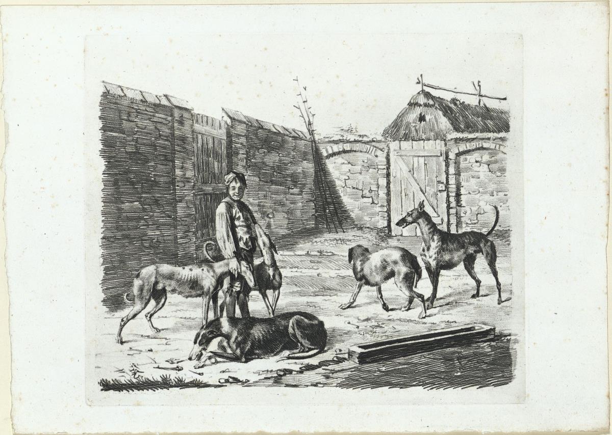Hofraum, darin Junge mit Hunden