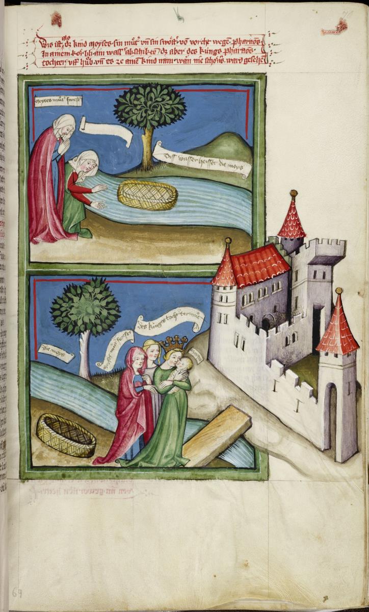 Toggenburg-Bibel. Aussetzung und Findung des Moses in zwei Feldern übereinander