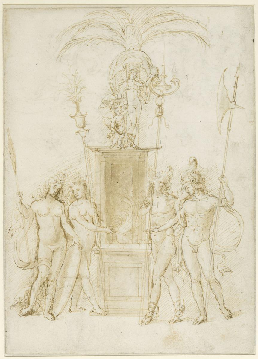 Zwei männliche und zwei weibliche Gestalten all'antica vor einem Venusaltar