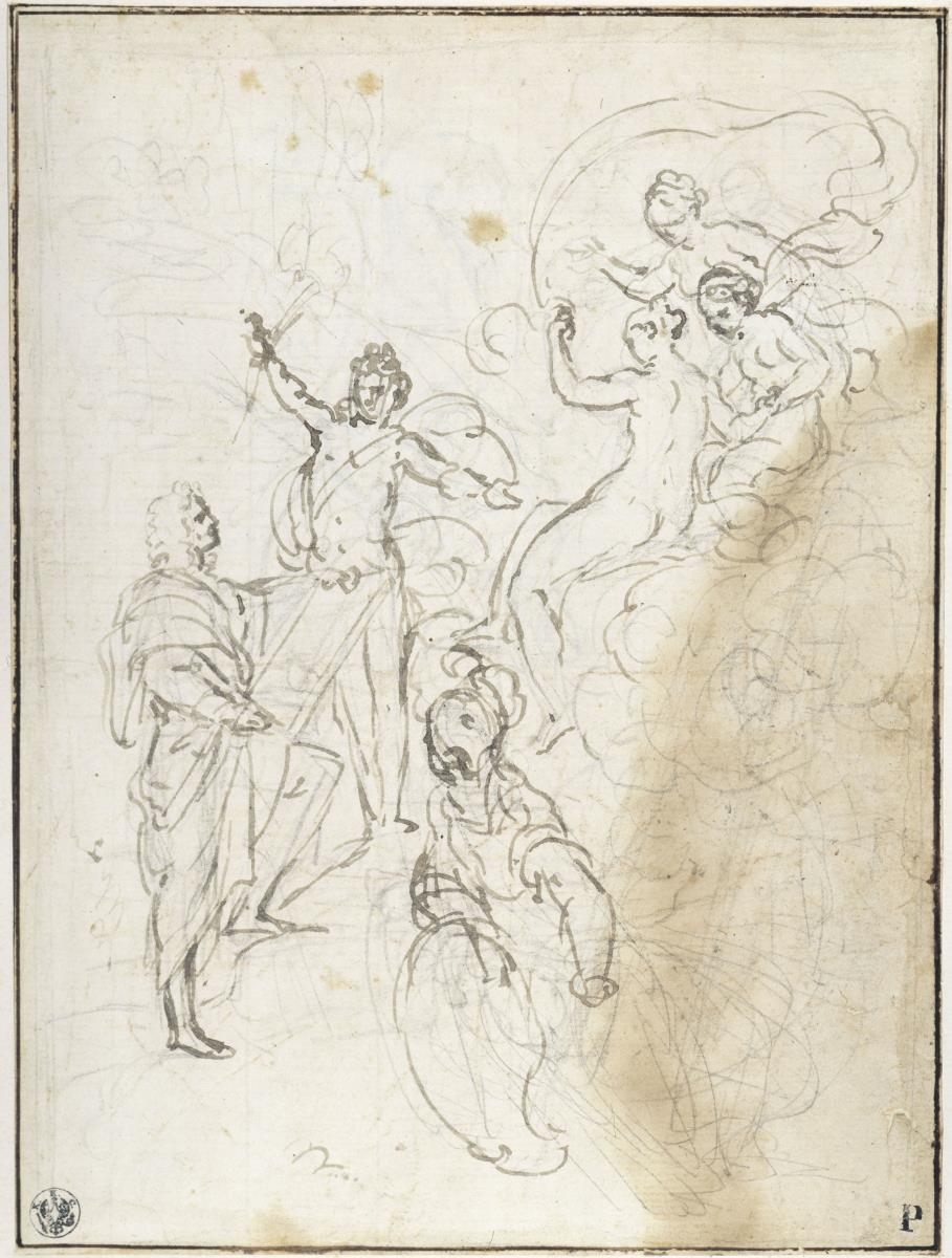 Der Aufstieg zum Tempel der Tugend (mit Selbstbildnis des Künstlers) vor den drei Grazien, Pallas Athene und Apoll