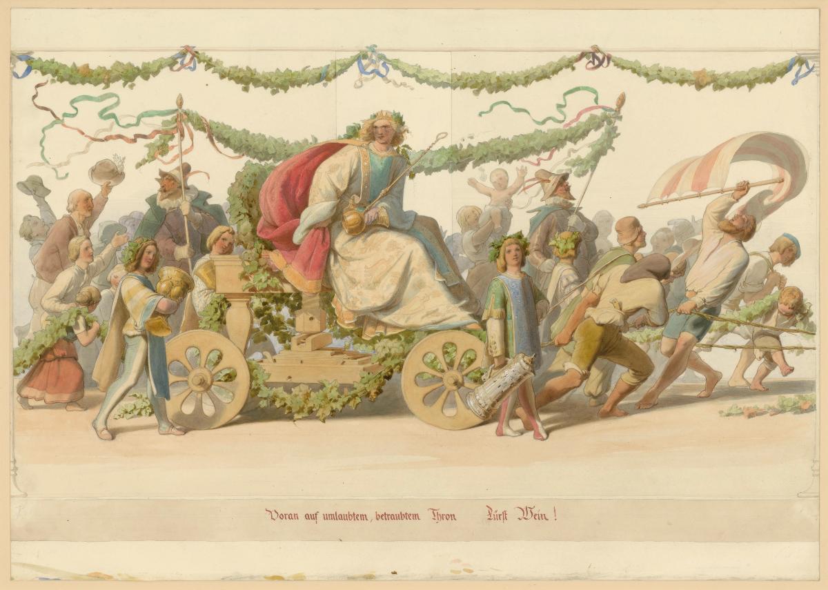 "Voran auf umlaubtem betraubtem Thron, Fürst Wein". Illustration zu Adolf von Marées