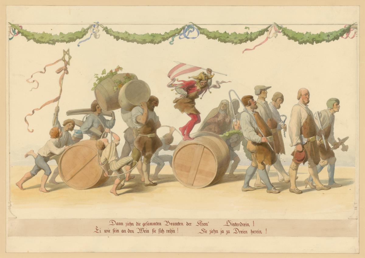 "Dann zieh'n die gesamten Beamten der Kron hinterdrein! Ei wie fein an dem Wein sie sich reih'n! Sie ziehen ja zu Dreien herein!". Illustration zu Adolf von Marées