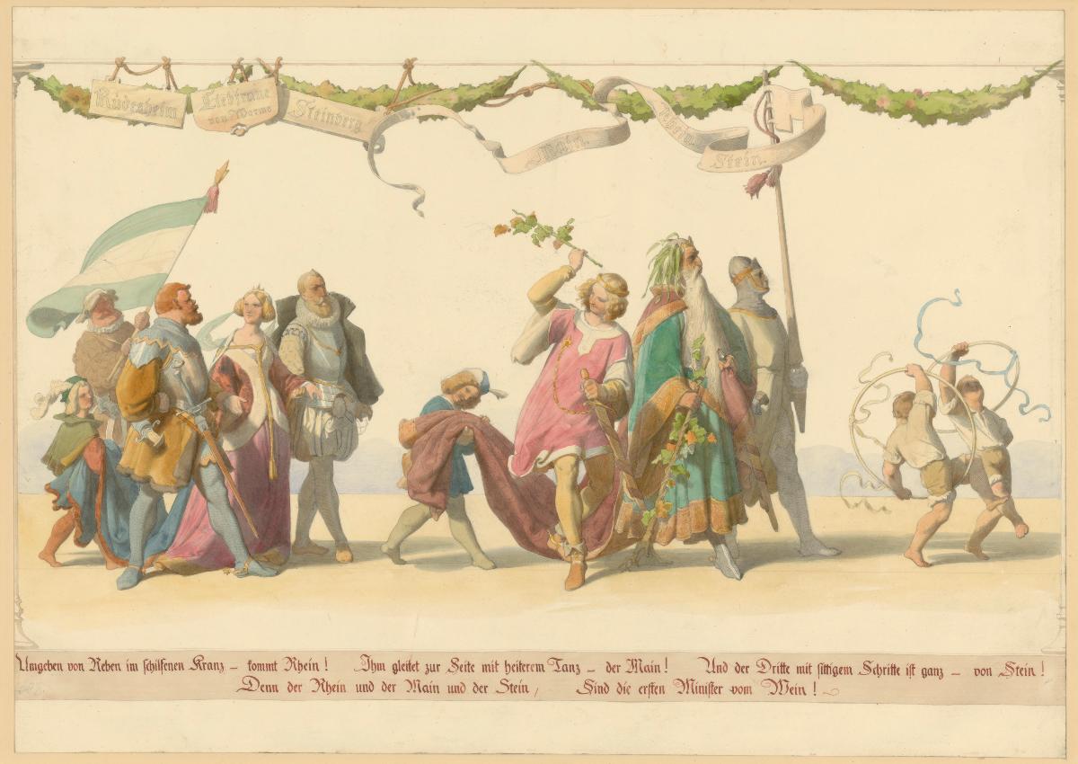"Umgeben von Reben im schilfenen Kranz - kommt Rhein! ... Sind die ersten Minister vom Rhein!". Illustration zu Adolf von Marées
