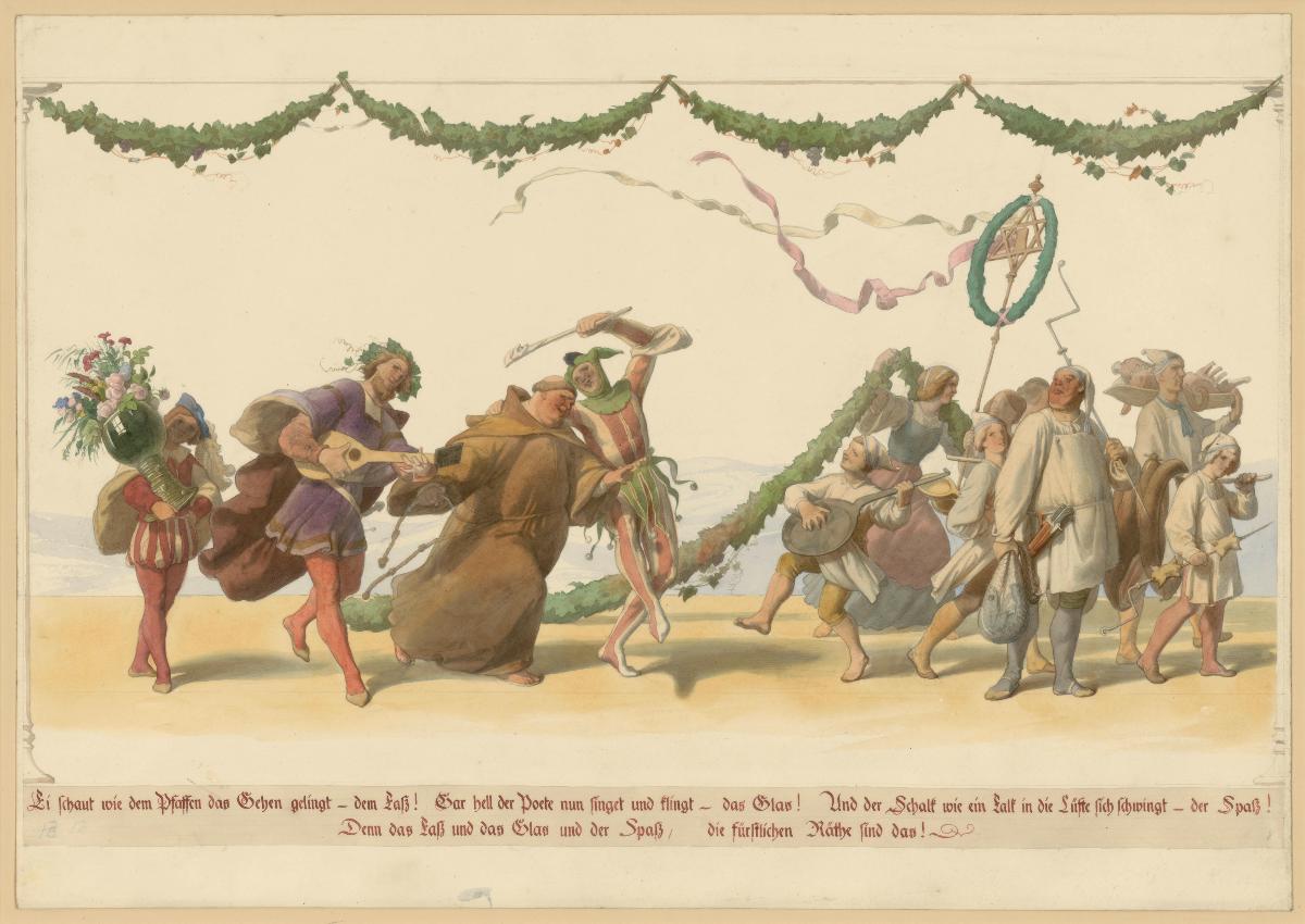 "Ei schaut wie dem Pfaffen das Gehen gelingt ... die fürstlichen Räthe sind das!". Illustration zu Adolf von Marées