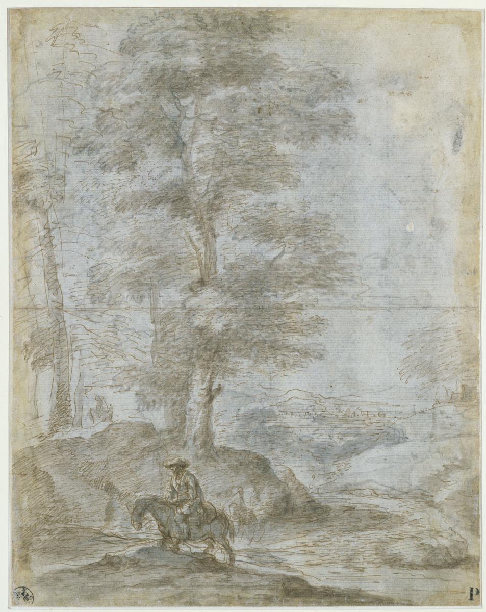 Reiter in einer weiten Landschaft mit hohen Bäumen