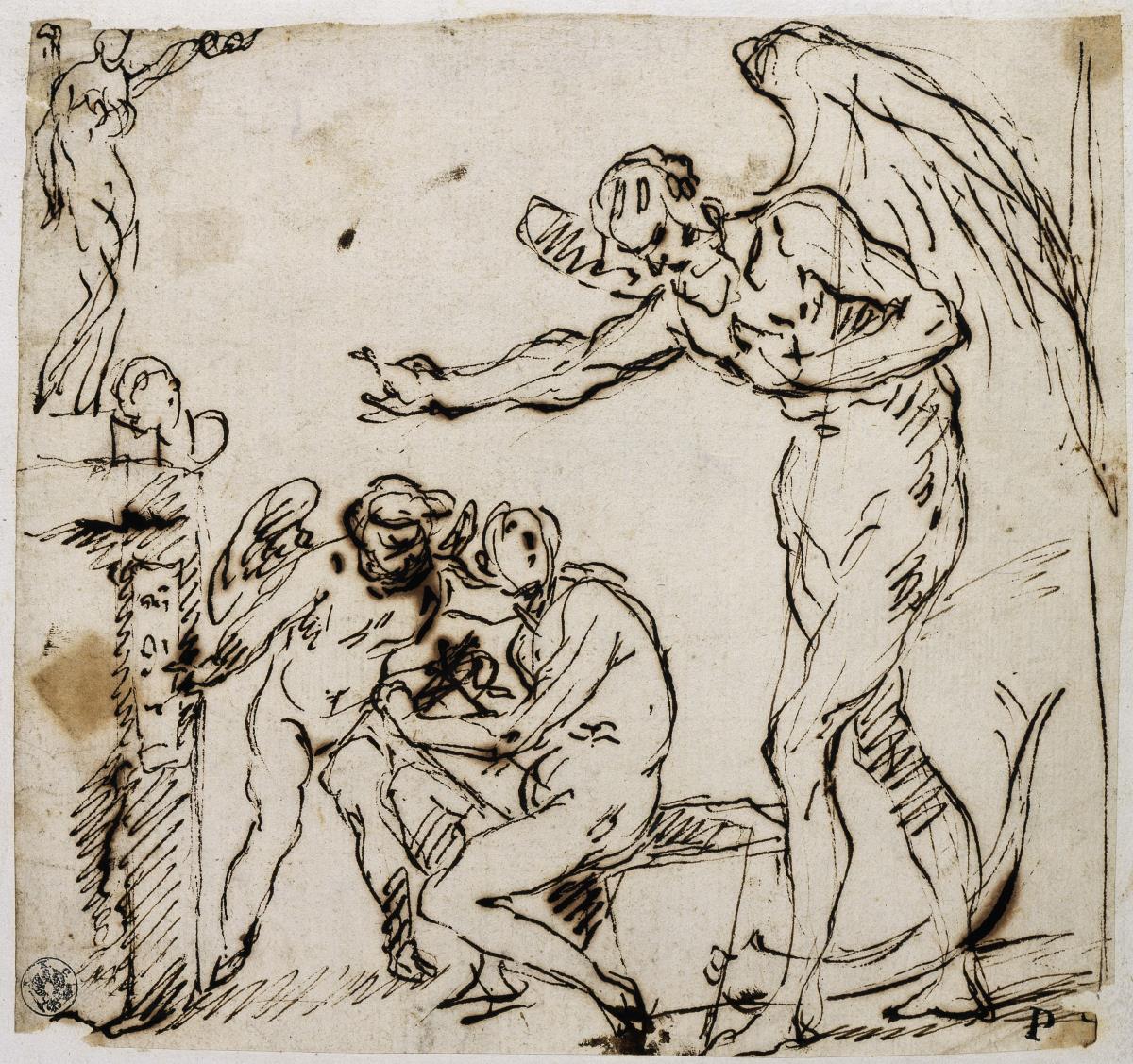 Allegorische Szene mit Saturn, einem Putto und einer schreibenden Figur
