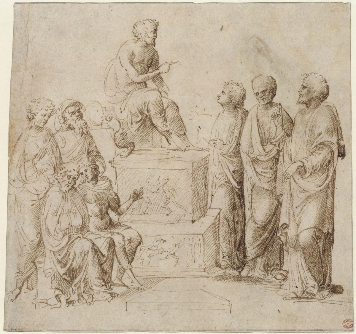 Drei Philosophen und andere Figuren vor einer thronenden Figur