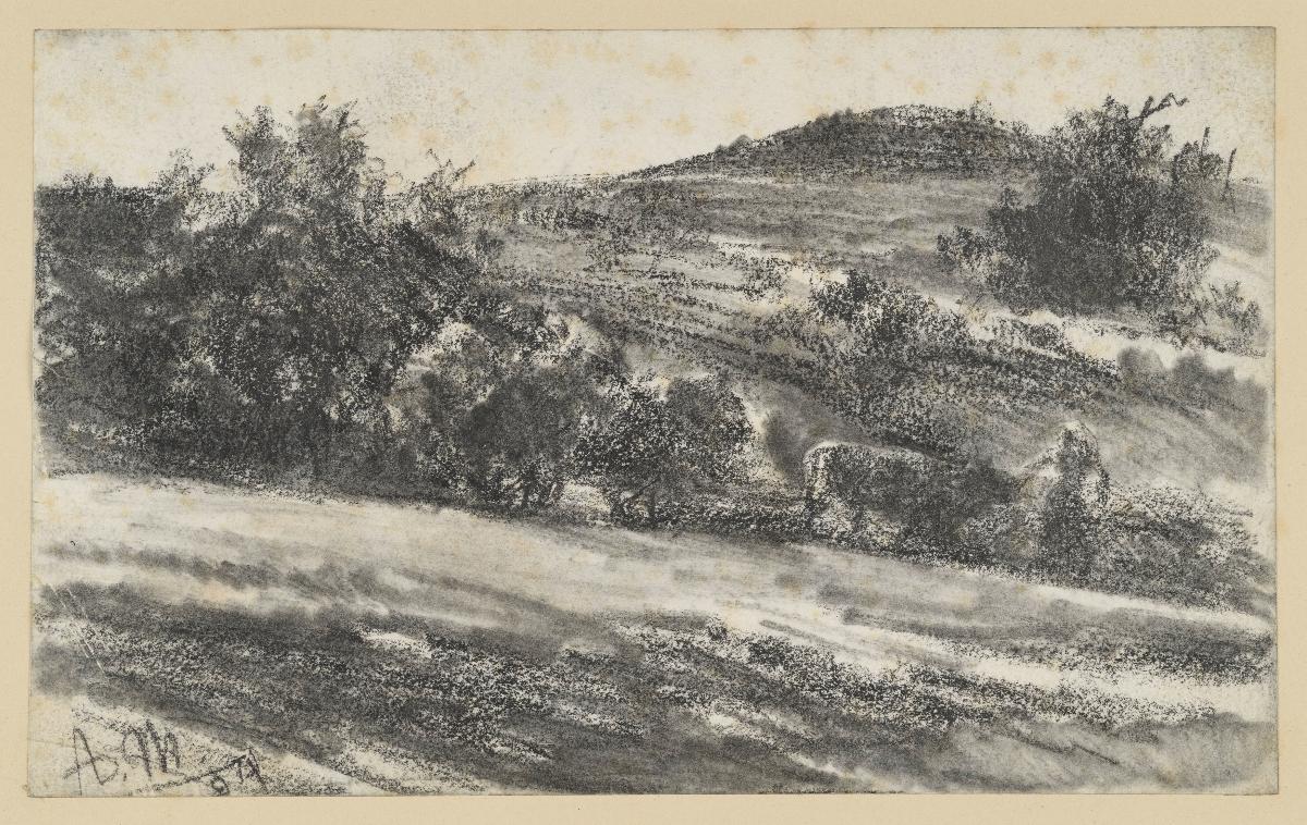 Landschaft mit Hügel und Gebüsch, vorn Bauern mit Kuhgespann