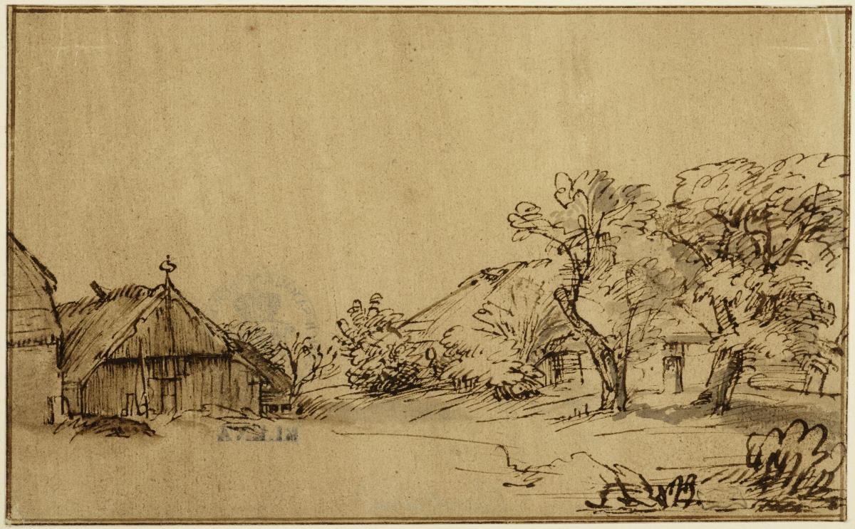 Bauernhäuser, rechts zwei Bäume