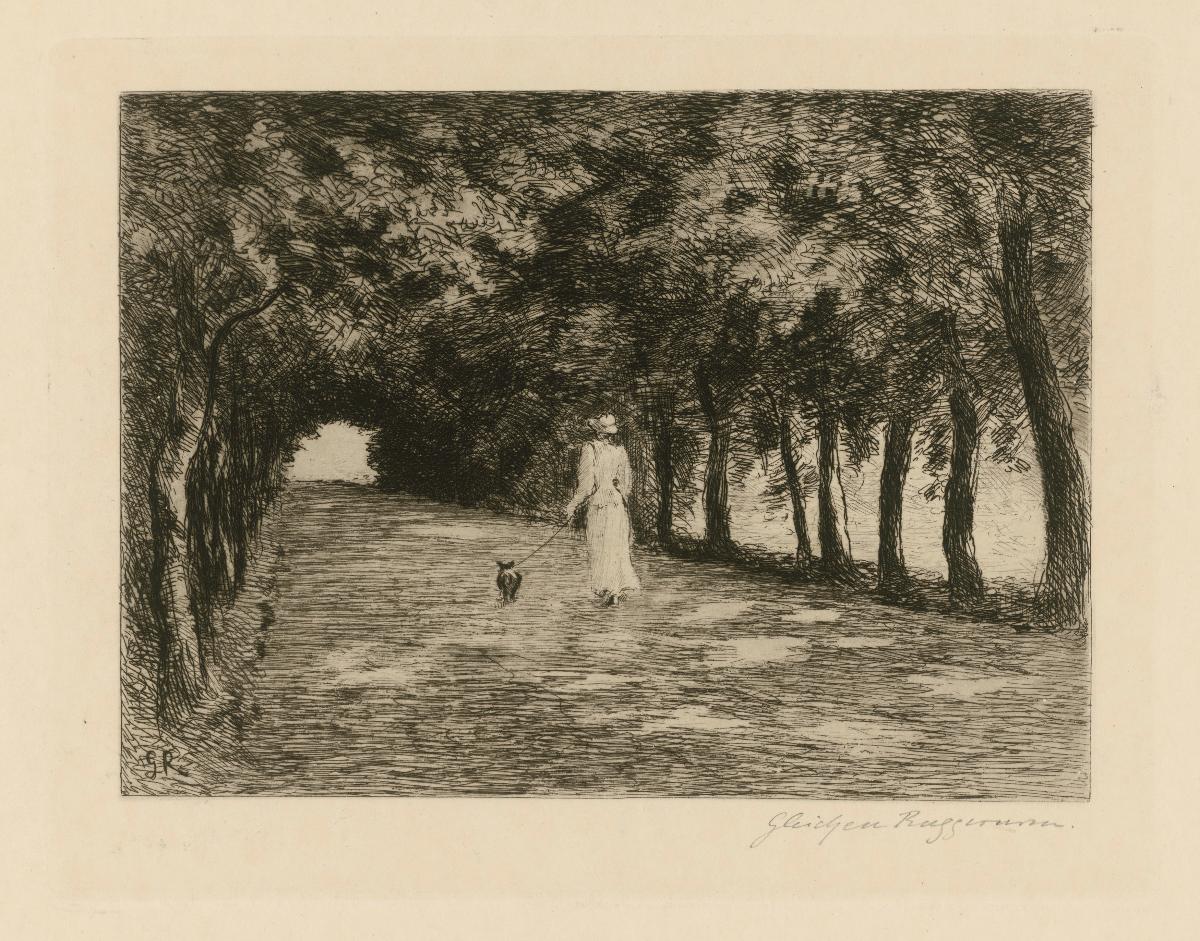 Allee mit Dame und Hund