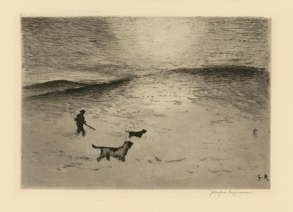 Ebene im Winter mit Jäger und Hunden