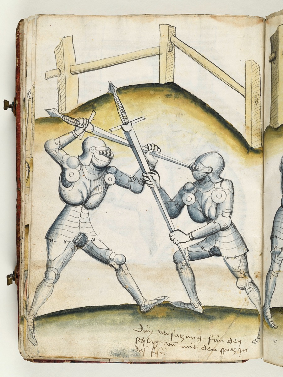 Der eine pariert und wendet die Schwertspitze gegen das Visier des andern. Fecht- und Ringerbuch der Brüder vom Stain (nach Talhoffer)