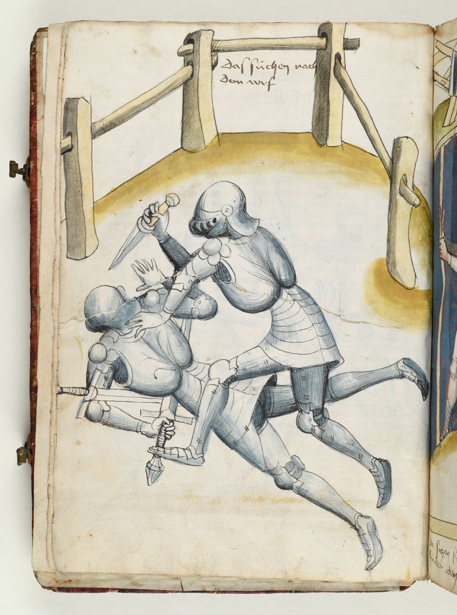 Ein Ritter über dem andern, den er niedergerungen hat und zu erstechen sucht. Fecht- und Ringerbuch der Brüder vom Stain (nach Talhoffer)