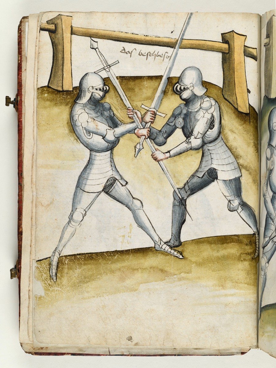 Die Kämpfer im Handgemenge mit gekreuzten Schwertern, die Hände dichter überkreuzt. Fecht- und Ringerbuch der Brüder vom Stain (nach Talhoffer)