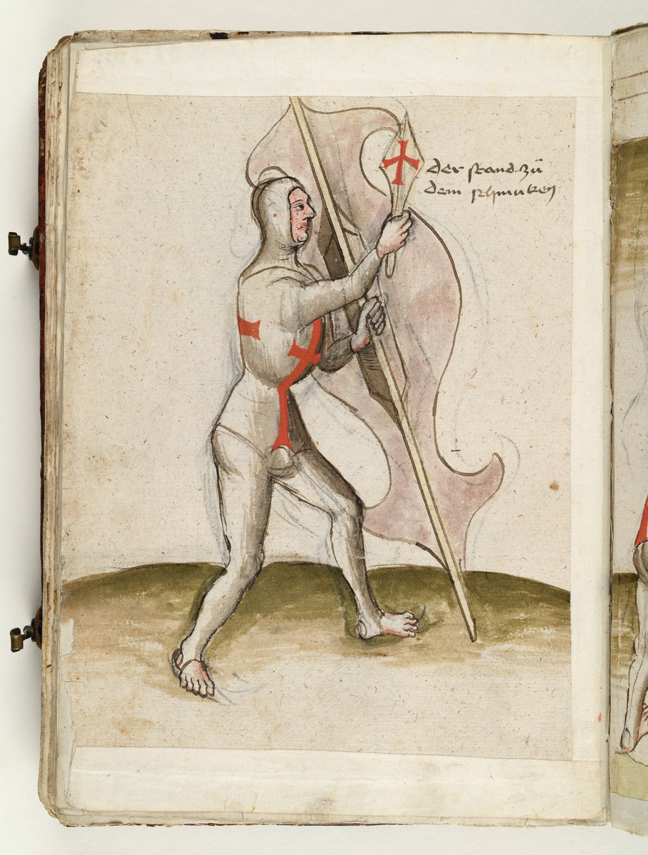 Abwehrstellung mit dem senkrecht gehaltenen Schild von der anderen Seite gesehen. Fecht- und Ringerbuch der Brüder vom Stain (nach Talhoffer)