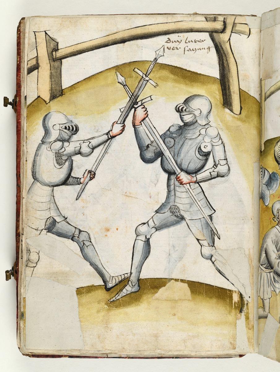 Abdrehen der gebundenen Klinge mit umgekehrten Schwertern. Fecht- und Ringerbuch der Brüder vom Stain (nach Talhoffer)