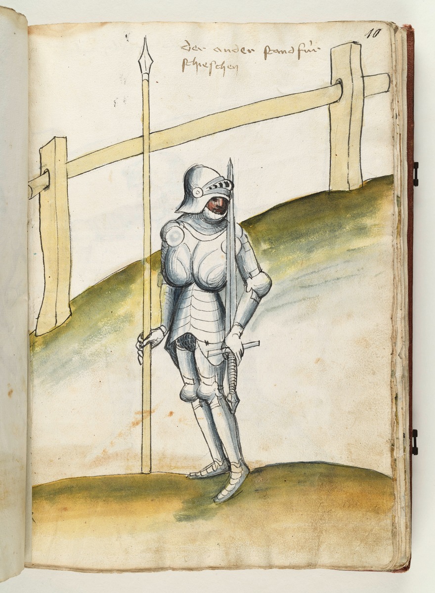 Ritter mit Schwert und Spieß steht gegen den Schuss. Fecht- und Ringerbuch der Brüder vom Stain (nach Talhoffer)