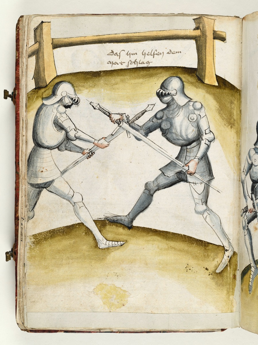 Der eine hindert den andern mit dem Schwertknauf am Schlag. Fecht- und Ringerbuch der Brüder vom Stain (nach Talhoffer)