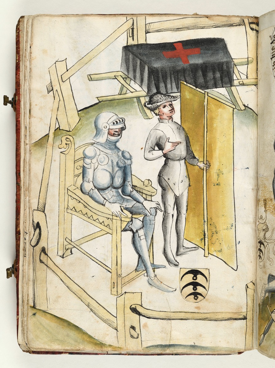 Der Ritter sitzt kampfbereit auf dem Stuhl, vor ihm sein Grießwart mit dem Wandtuch. Hinten eine Bahre. Fecht- und Ringerbuch der Brüder vom Stain (nach Talhoffer)