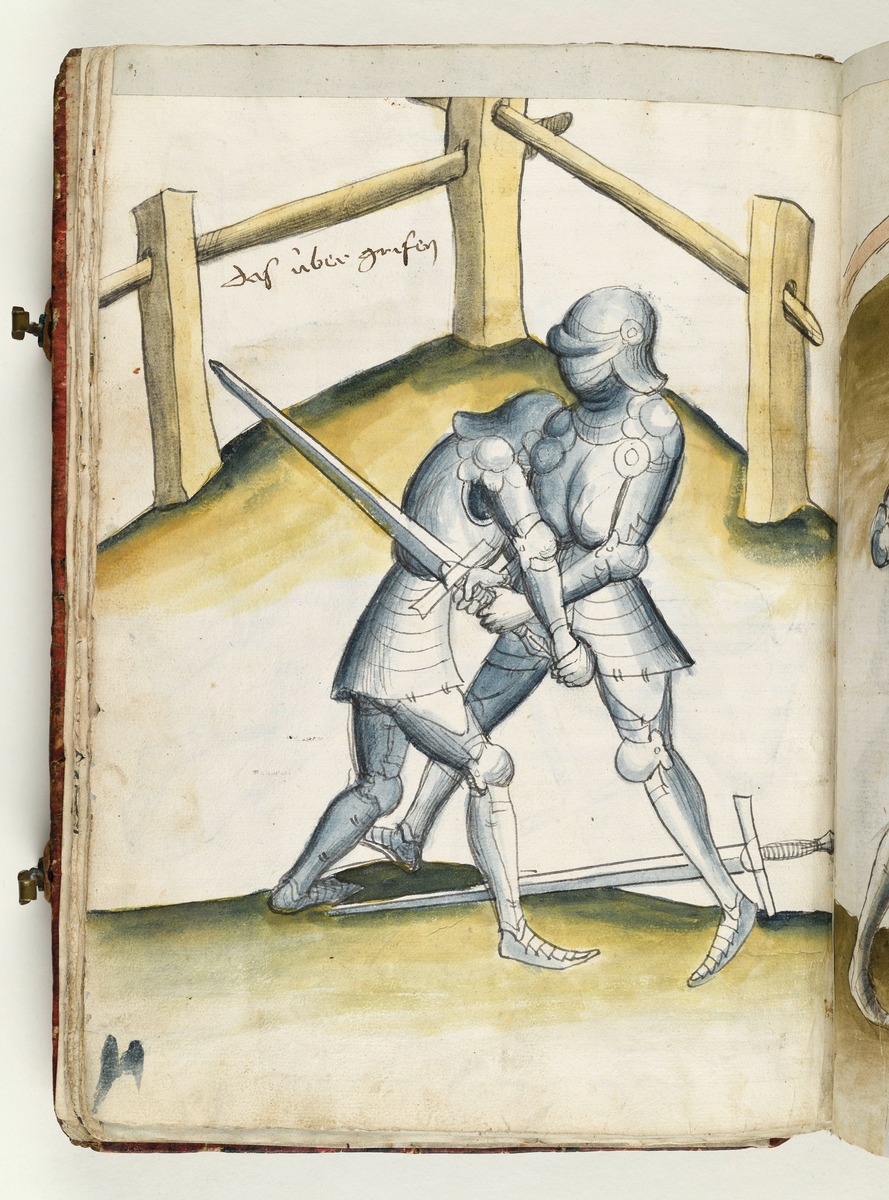 Der eine hat den andern übergegriffen und zieht ihn. hinauf. Fecht- und Ringerbuch der Brüder vom Stain (nach Talhoffer)