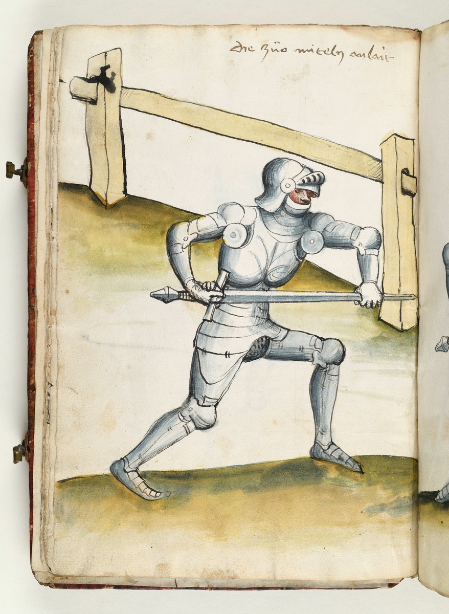 Die beiden Ritter mit gezücktem Schwert einander gegenüber. Fecht- und Ringerbuch der Brüder vom Stain (nach Talhoffer)