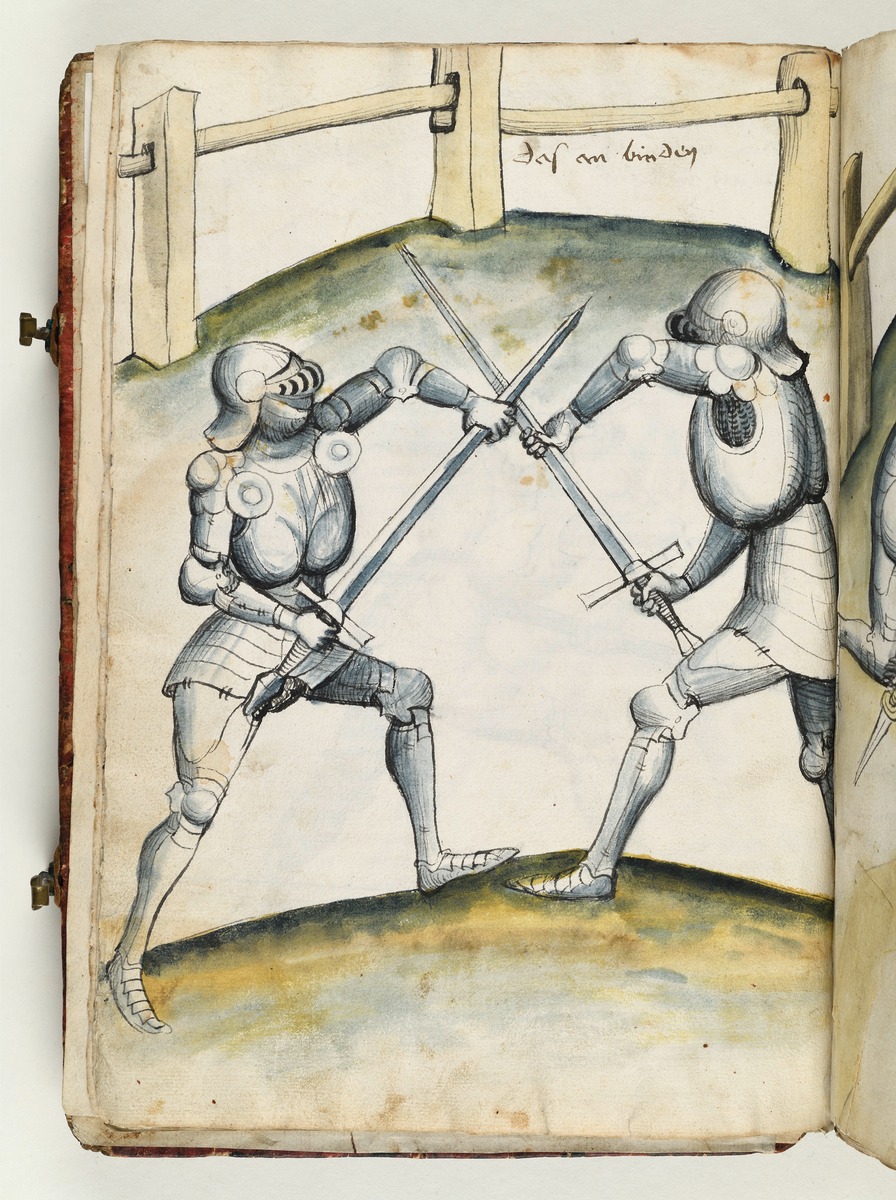 Zwei Ritter im Nahkampf. „Das anbinden“. Fecht- und Ringerbuch der Brüder vom Stain (nach Talhoffer)