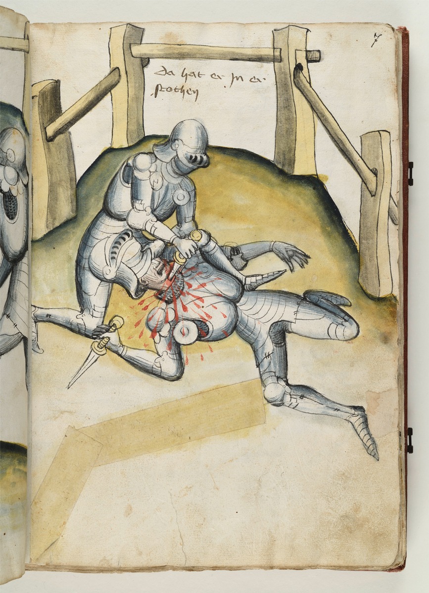 Der Sieger sticht dem Überwundenen den Dolch in den entblößten Hals. Fecht- und Ringerbuch der Brüder vom Stain (nach Talhoffer)