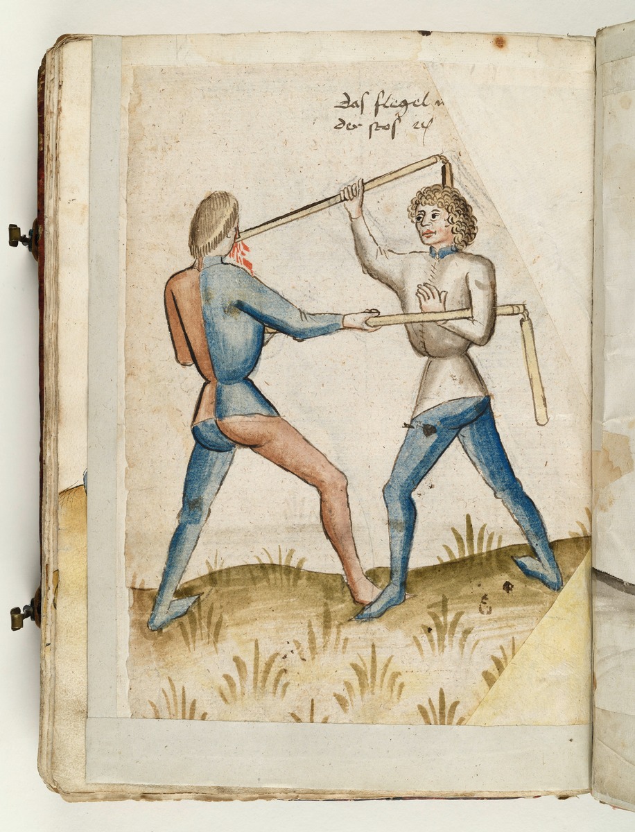 Kampf mit Dreschflegeln. Der eine hält den Flegel des andern unterm Arm fest und stößt ihm seinen ins Gesicht. Fecht- und Ringerbuch der Brüder vom Stain (nach Talhoffer)