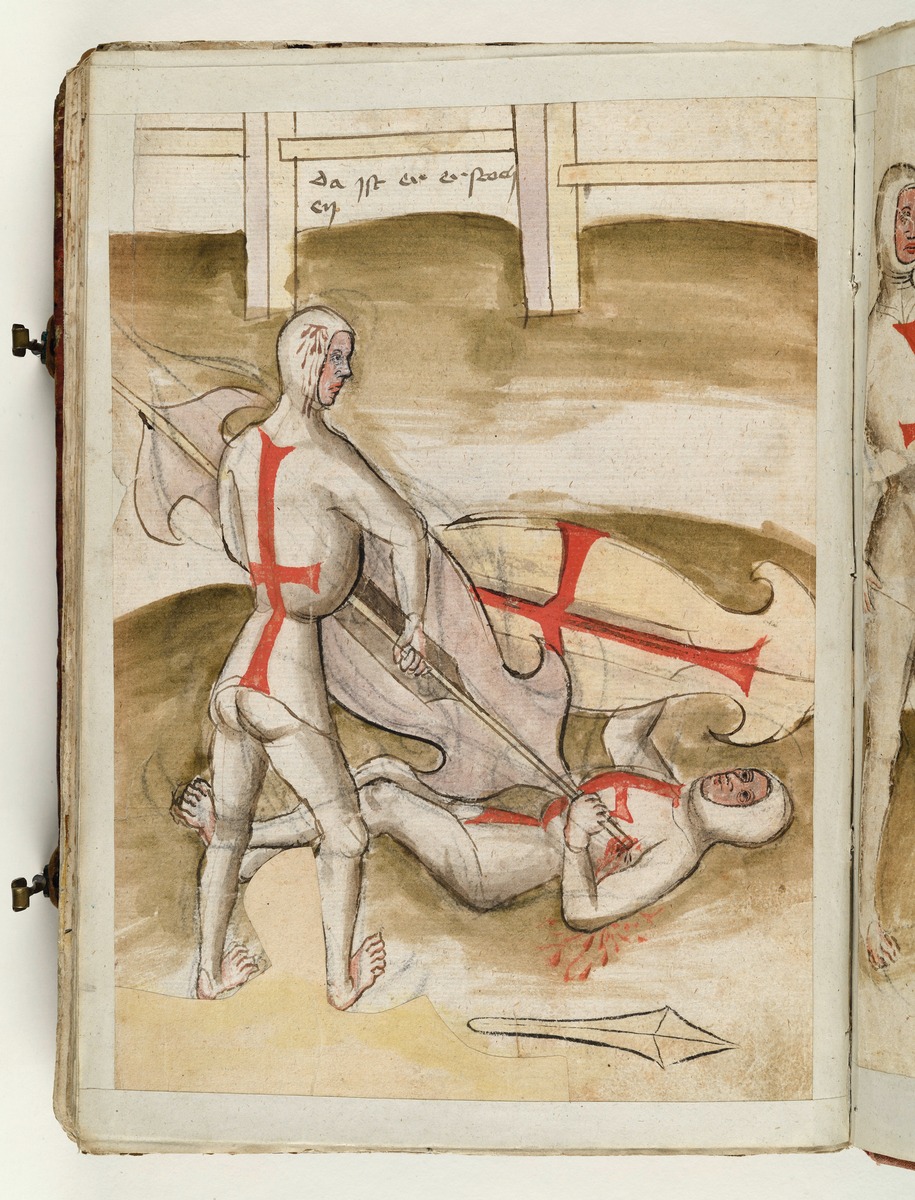 Der Sieger ersticht den Überwundenen mit dem Stechschild. Fecht- und Ringerbuch der Brüder vom Stain (nach Talhoffer)