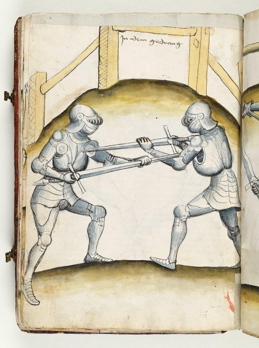 Im Gedränge wehrt jeder mit dem Arm des andern Klinge ab. Fecht- und Ringerbuch der Brüder vom Stain (nach Talhoffer)