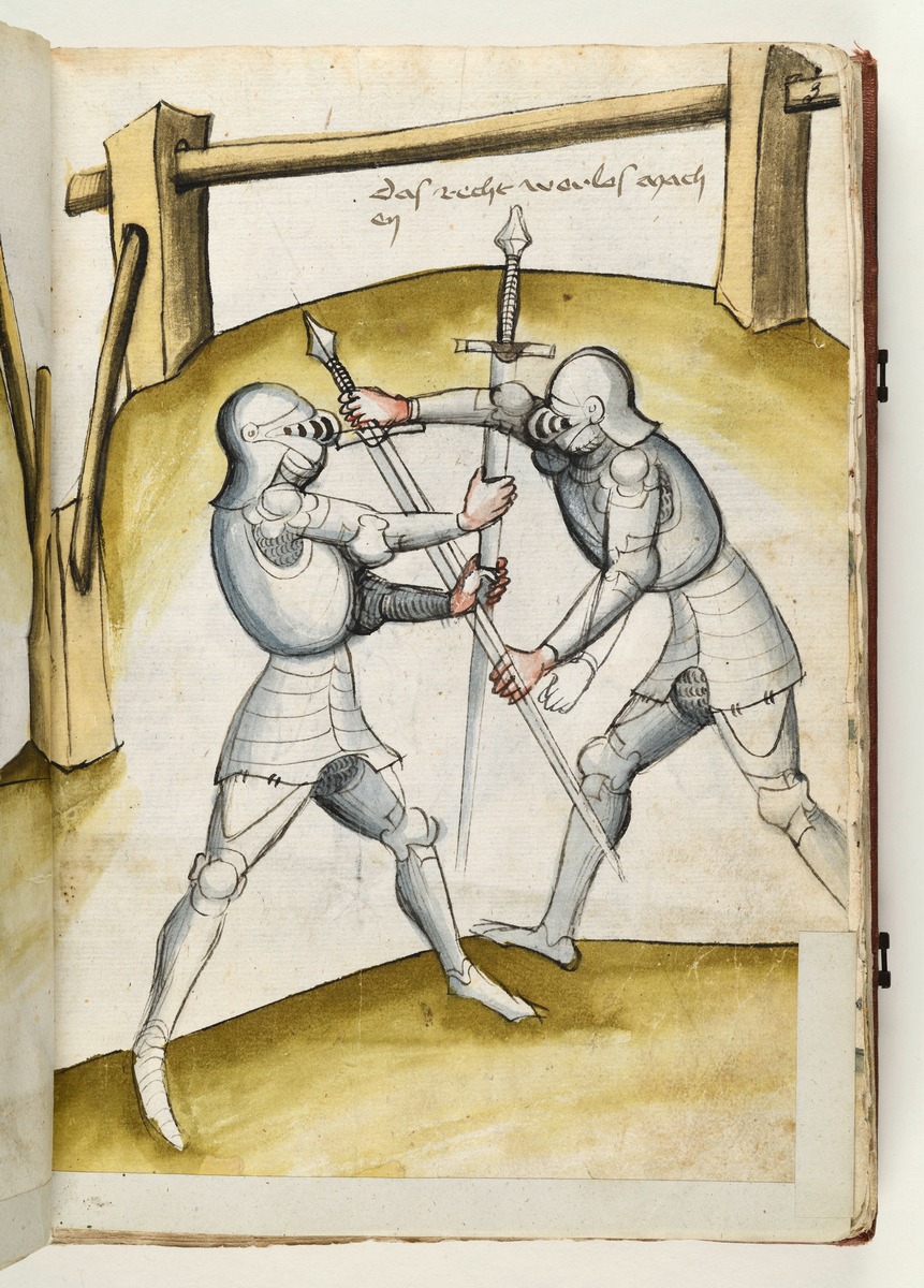 Die Kämpfer im Handgemenge mit gekreuzten Schwertern. Fecht- und Ringerbuch der Brüder vom Stain (nach Talhoffer)