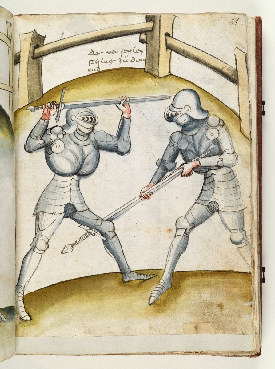 Der eine sucht den andern mit dem Schwertknauf zu Fall zu bringen, indem er ihn damit am Knie zieht. „Der verstolen schlag zu dem end.“ Fecht- und Ringerbuch der Brüder vom Stain (nach Talhoffer)