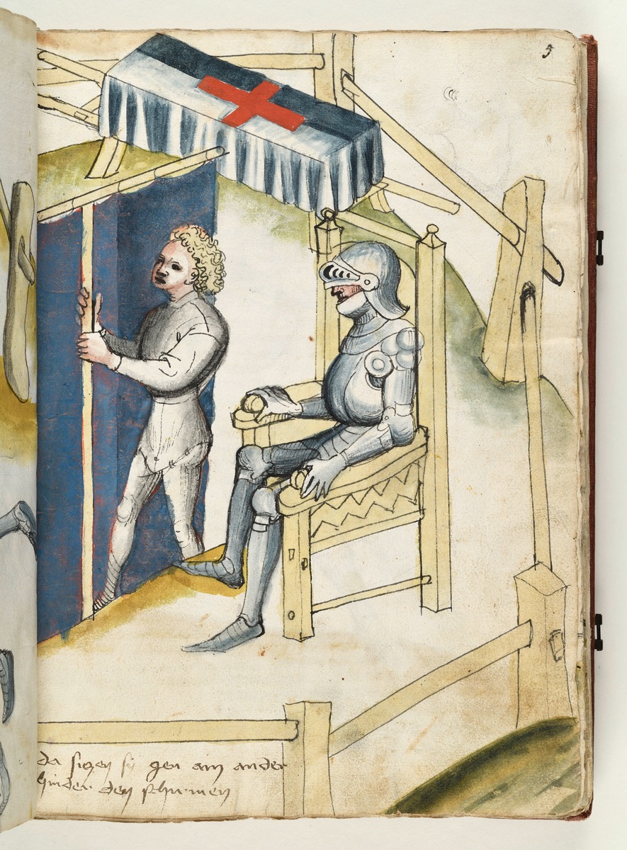 Ein Ritter auf dem Stuhl vor dem Kampf, vor ihm sein Knappe mit einem Wandschirm, hinten eine Bahre. Fecht- und Ringerbuch der Brüder vom Stain (nach Talhoffer)
