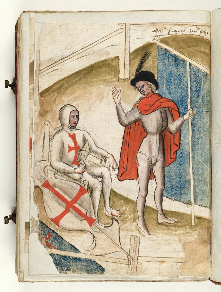 Der Kämpfer auf dem Stuhl, von seinem Grieswart mit einem Tuch dem Gegner verdeckt. Fecht- und Ringerbuch der Brüder vom Stain (nach Talhoffer)