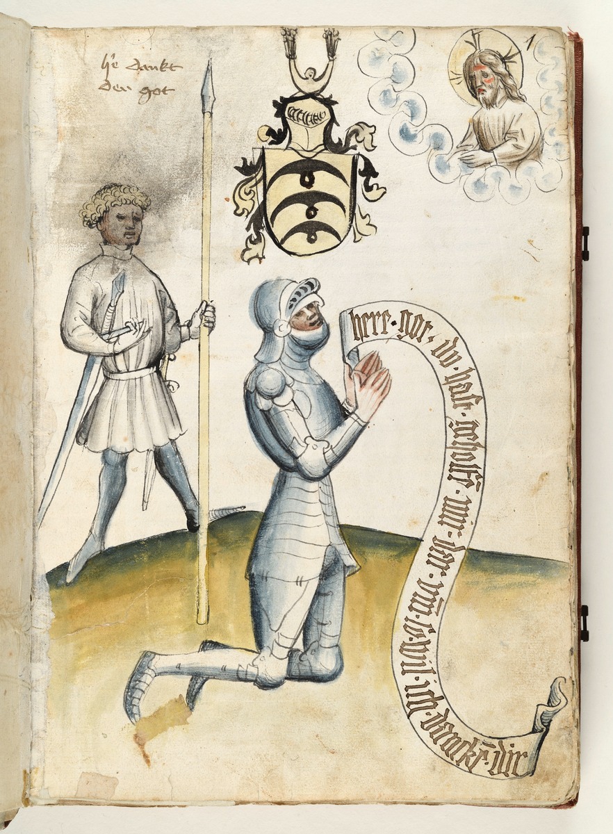 Ein Ritter kniet im Gebet, hinter ihm sein
Knappe, über ihm das Wappen derer vom Stein
(Schwaben). Ein Spruchband trägt die Worte des
Dankgebets. Fecht- und Ringerbuch der Brüder vom Stain (nach Talhoffer)