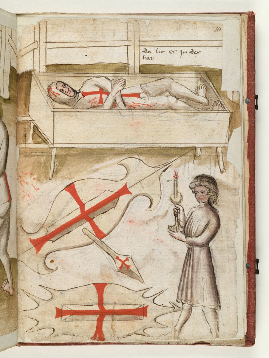 Der Tote in der Bahre. Vor ihm ein Knappe mit dem Totenlicht. Fecht- und Ringerbuch der Brüder vom Stain (nach Talhoffer)