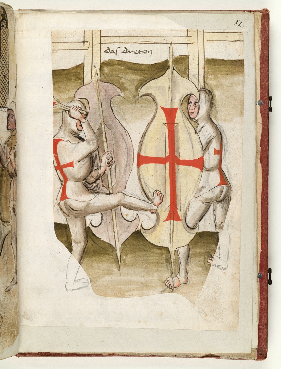 „Das Dreten.“ Der eine Kämpfer tritt mit dem Fuß gegen den Schild des anderen. Fecht- und Ringerbuch der Brüder vom Stain (nach Talhoffer)