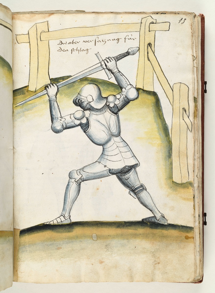 Schlag und Abwehr mit dem Schwert in beiden Händen. Fecht- und Ringerbuch der Brüder vom Stain (nach Talhoffer)